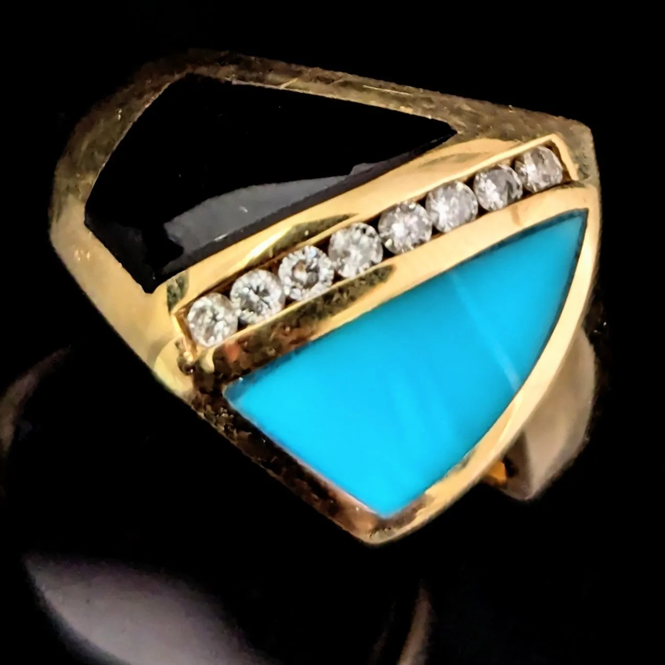 The Gaffney - Estate Diamonds Turquoise Onyx 14k Gold Cocktail Ring