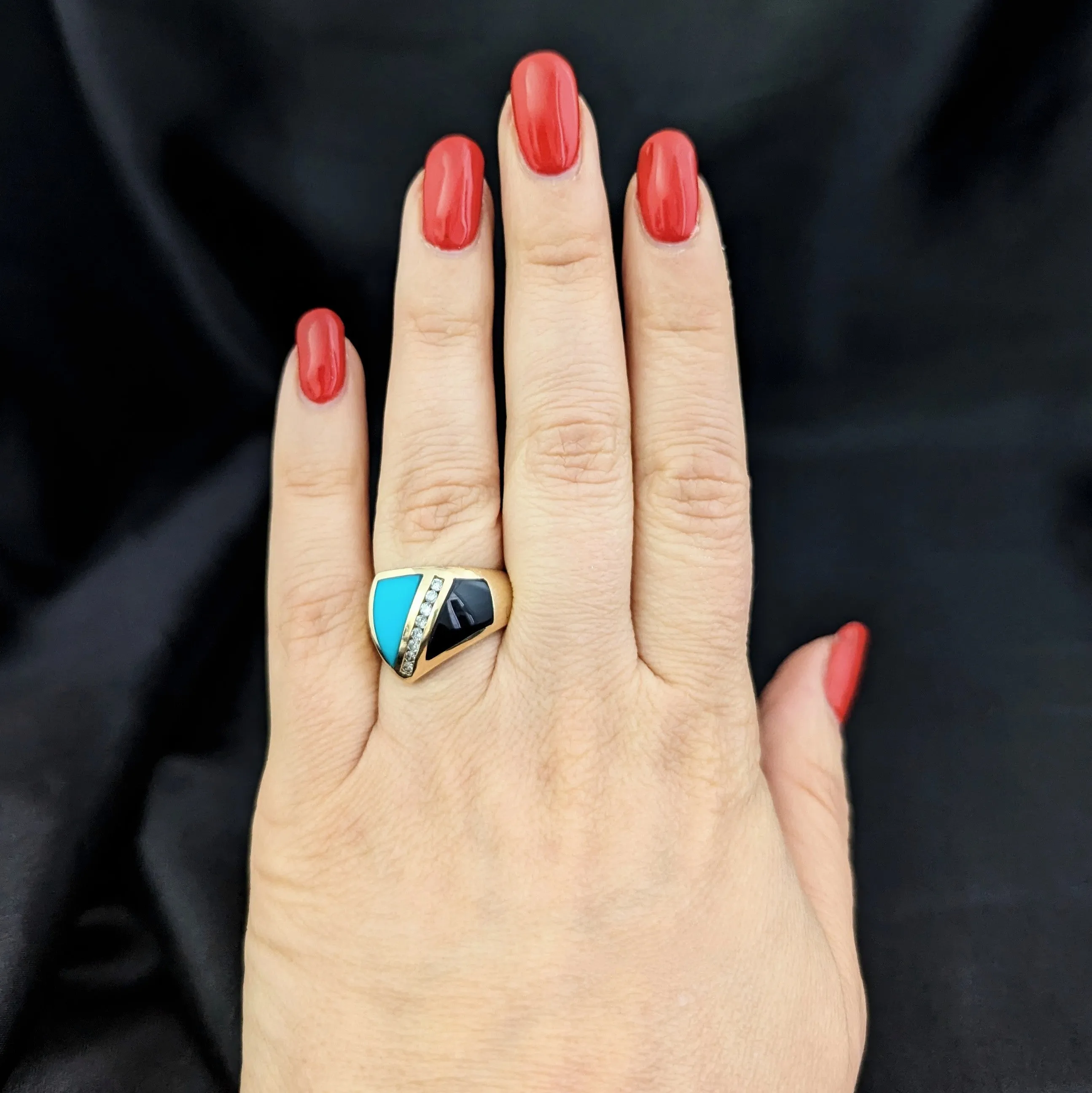 The Gaffney - Estate Diamonds Turquoise Onyx 14k Gold Cocktail Ring