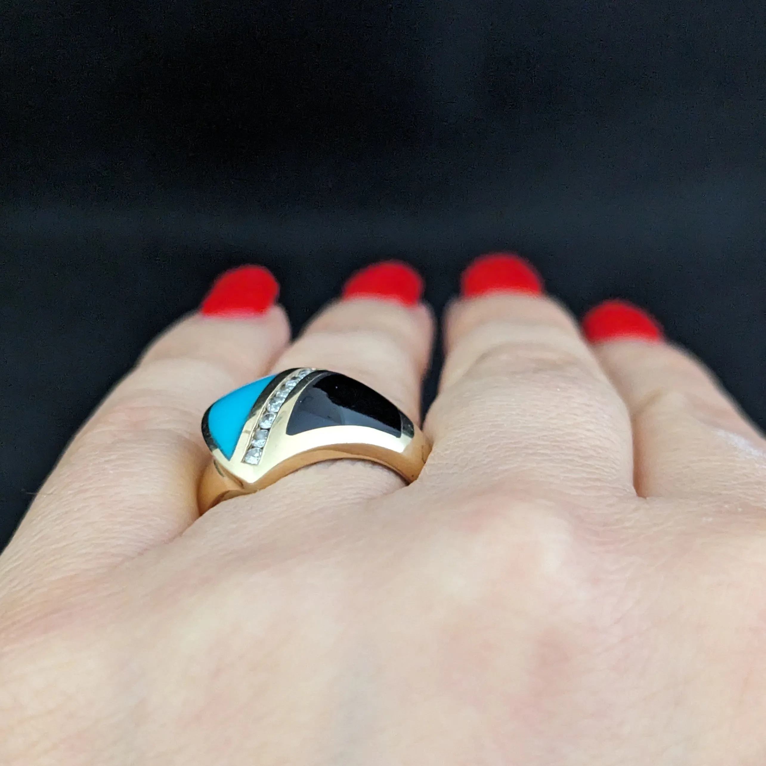 The Gaffney - Estate Diamonds Turquoise Onyx 14k Gold Cocktail Ring