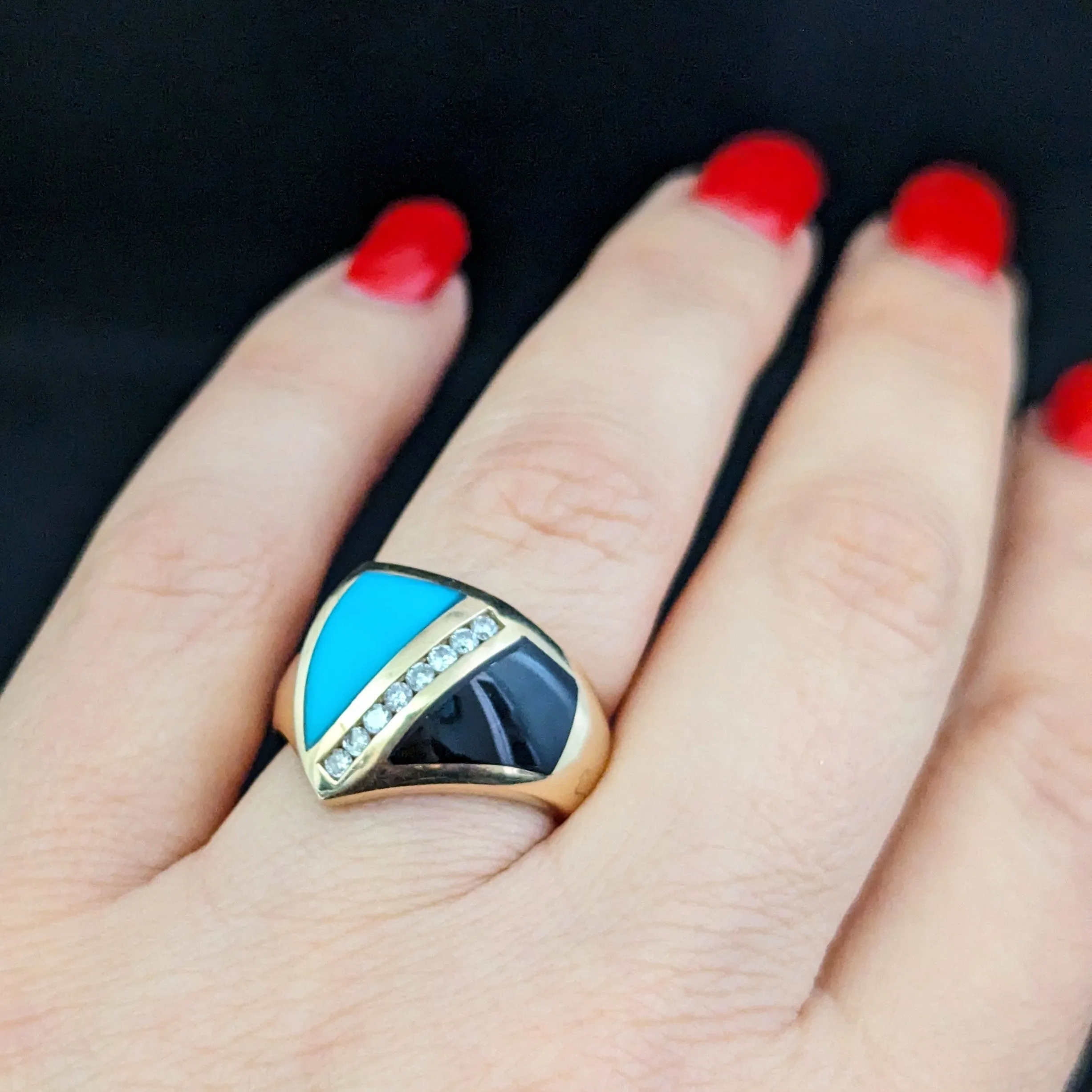 The Gaffney - Estate Diamonds Turquoise Onyx 14k Gold Cocktail Ring