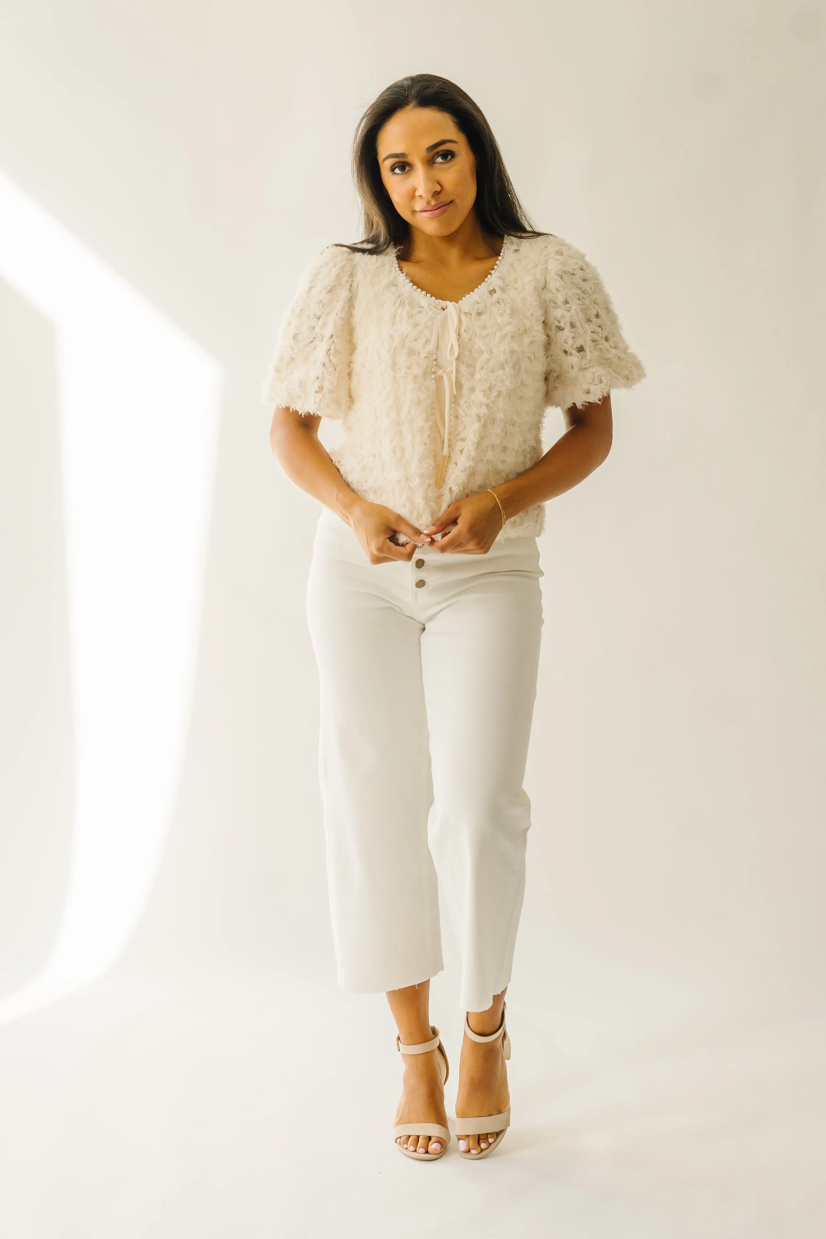 The Hagan Pearl Trim Textured Blouse in Cream