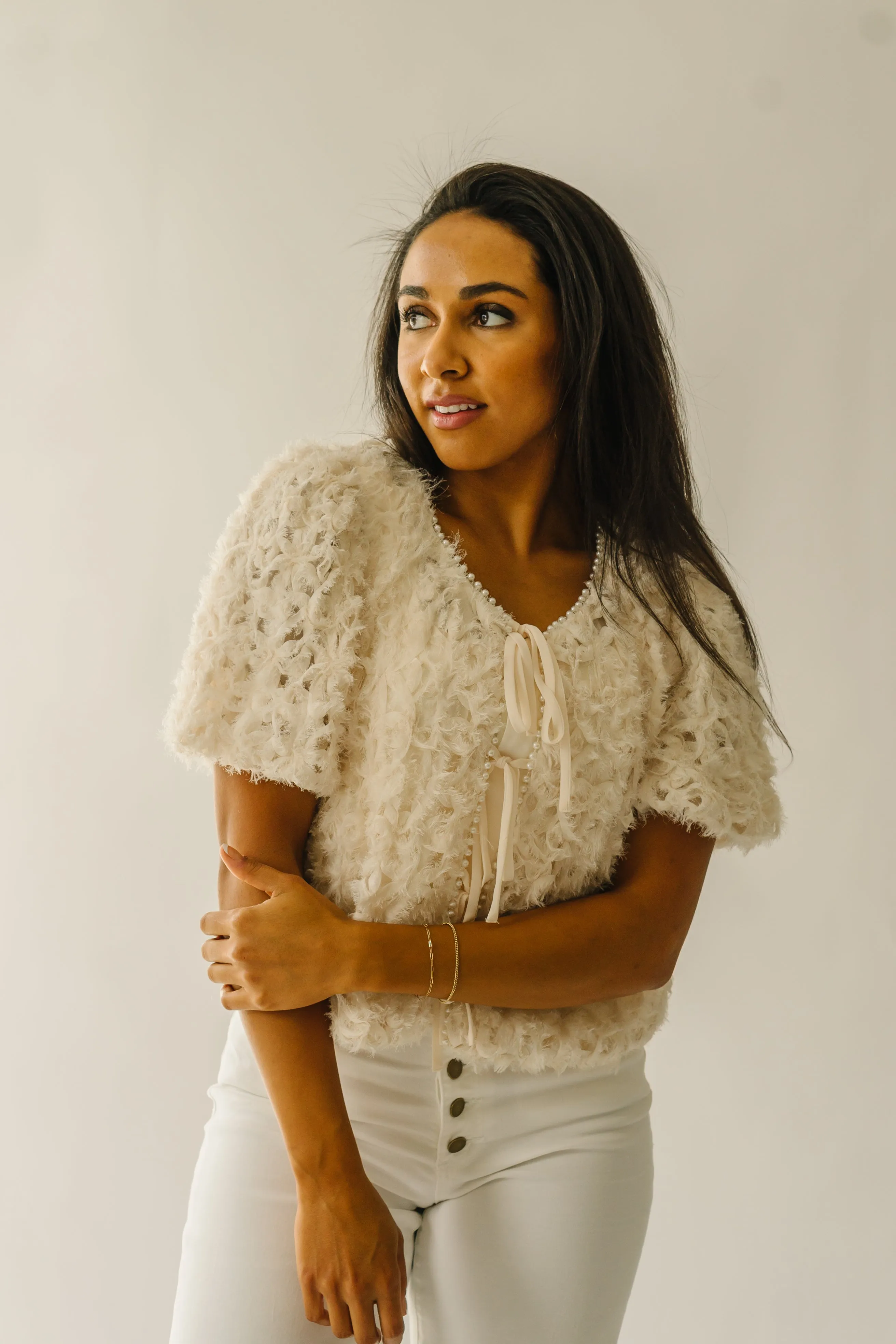 The Hagan Pearl Trim Textured Blouse in Cream