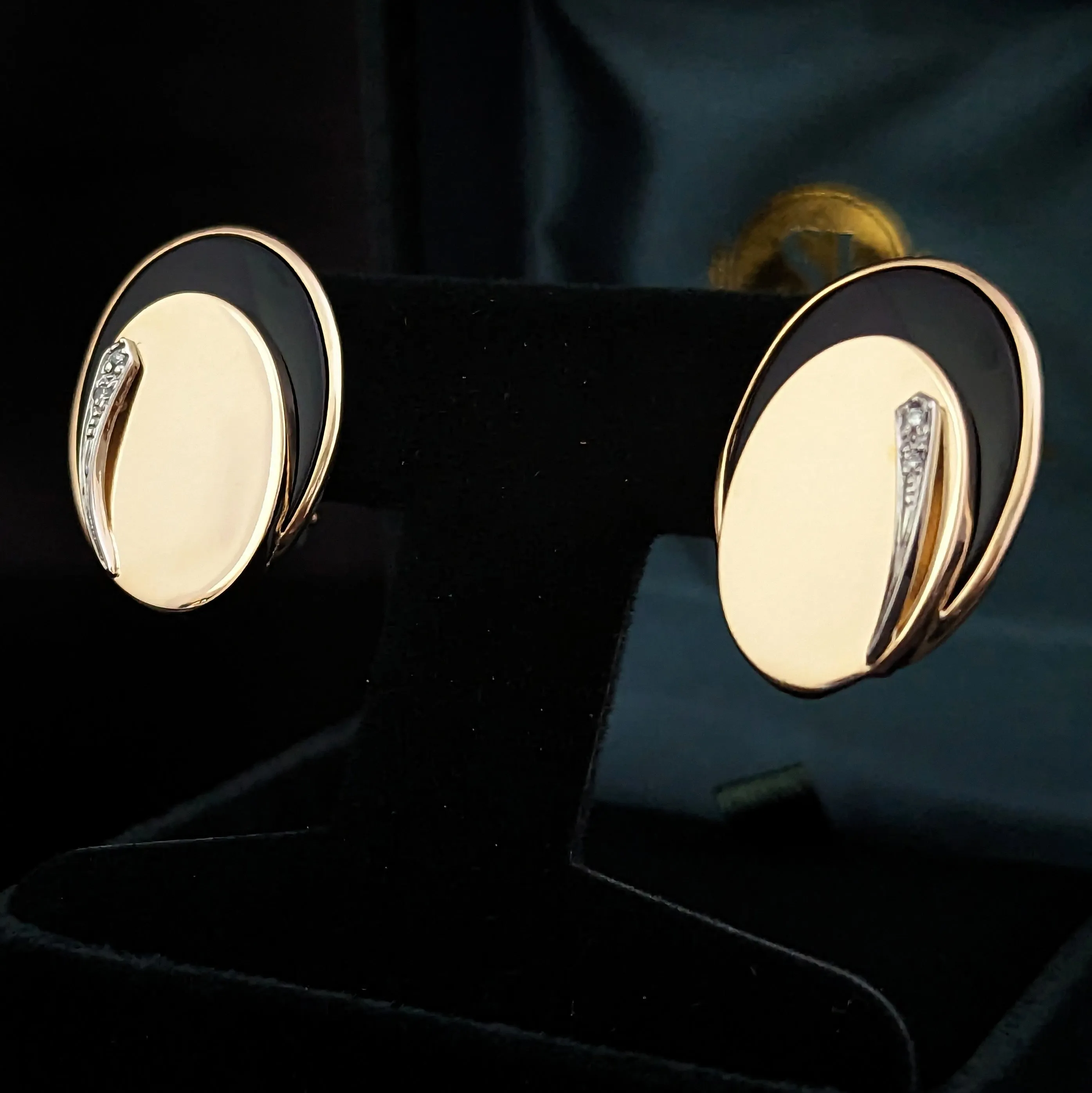 The Waverly - Vintage Diamond Onyx 14k Gold Earrings Omega