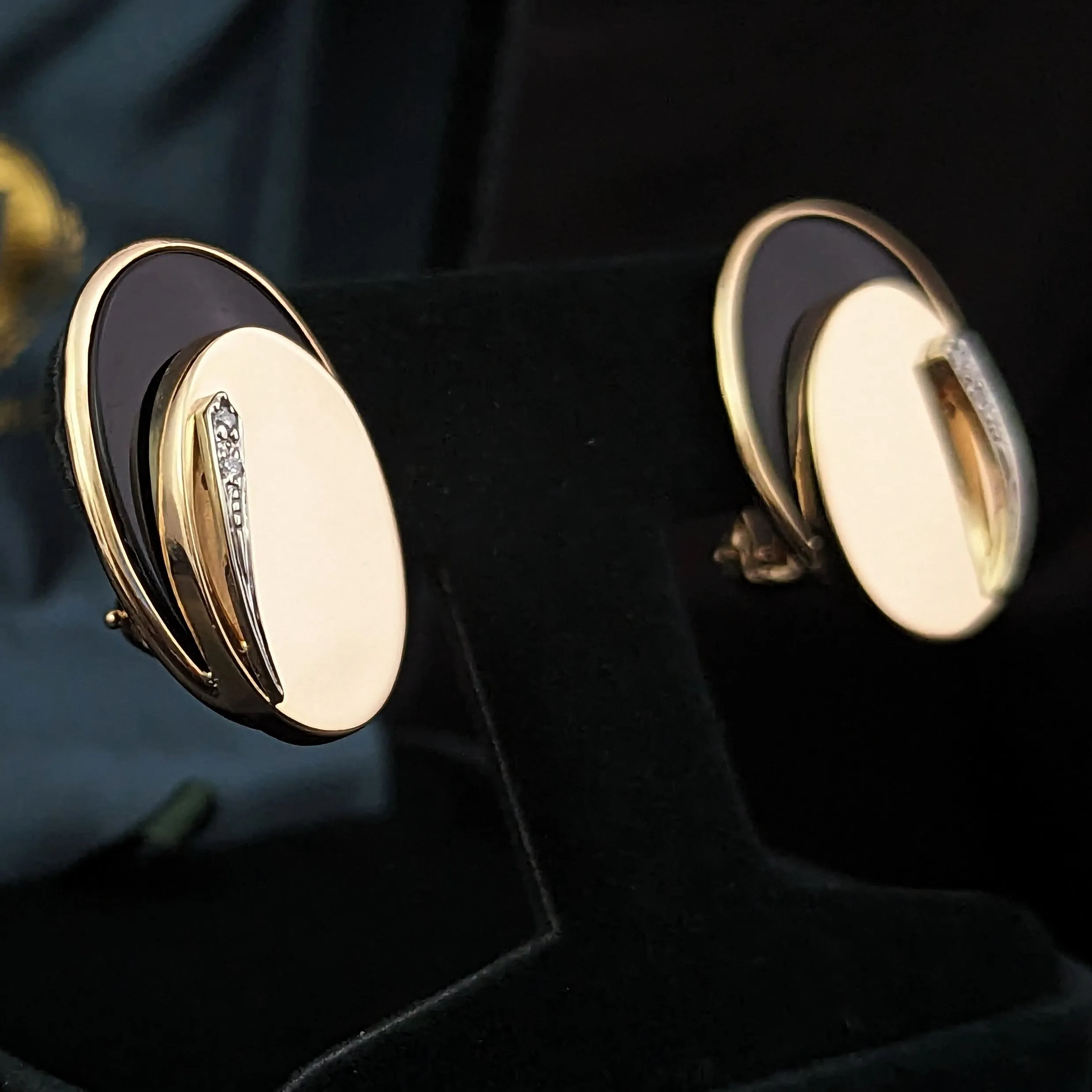 The Waverly - Vintage Diamond Onyx 14k Gold Earrings Omega