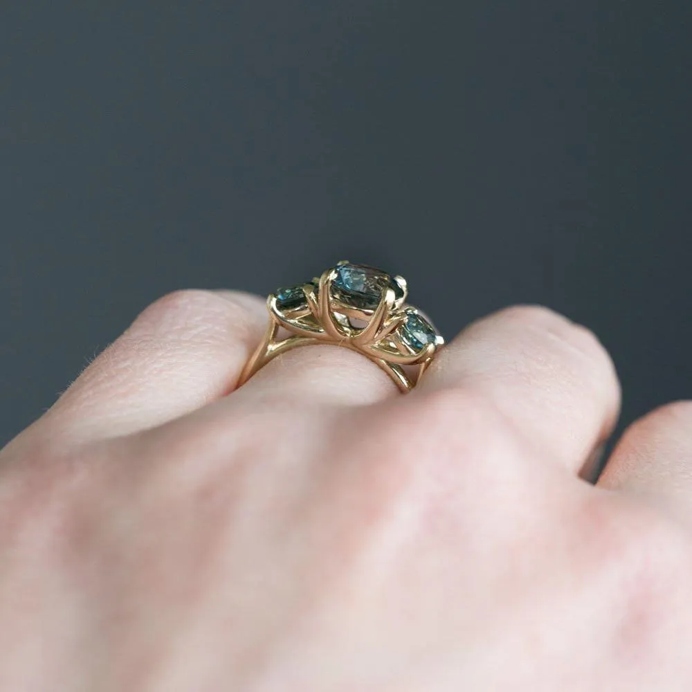 Three Stone Montana Sapphire Ring with 2.10ct Teal Color-Changing Center Stone in 14k Yellow Gold