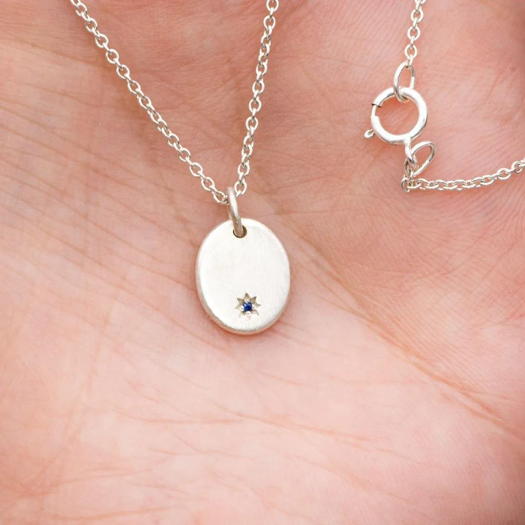 Tiny Oval Shape Sterling Silver Pendant Necklace with Star Set Australian Blue Sapphire