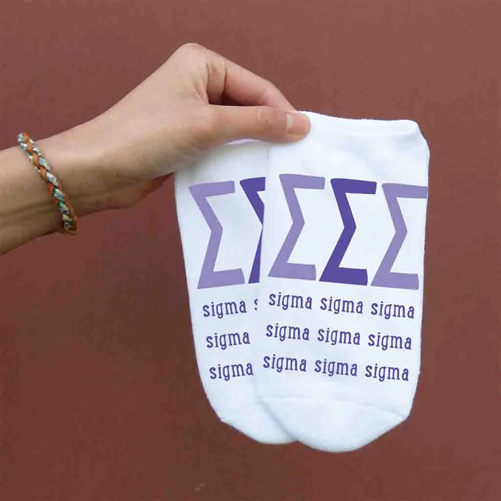 Tri Sigma Sorority Socks with Large Greek Letters, Printed on No Show Socks