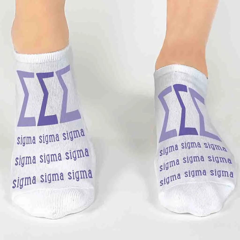 Tri Sigma Sorority Socks with Large Greek Letters, Printed on No Show Socks