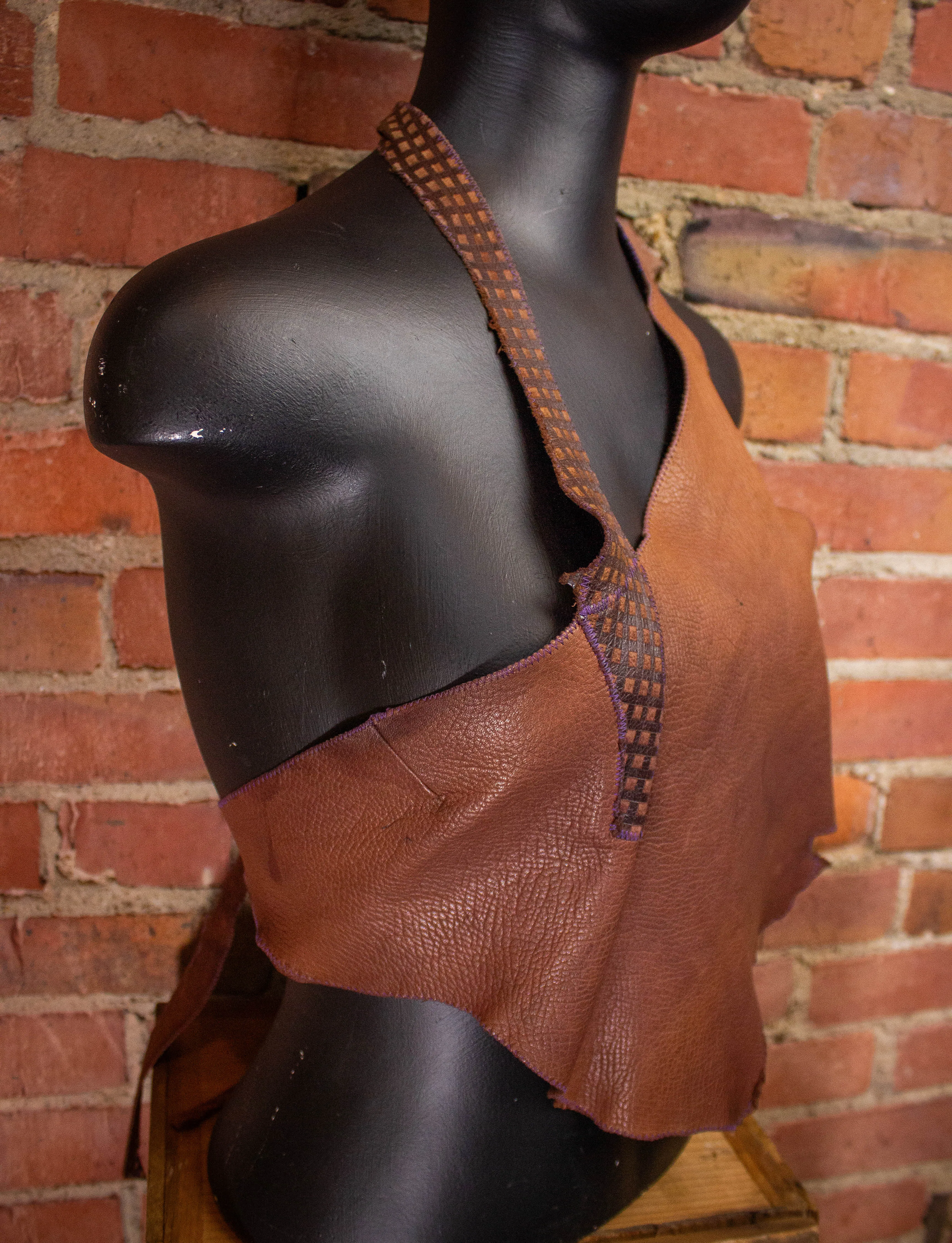 Vintage Shazzam Brown Leather Halter 1970s XS