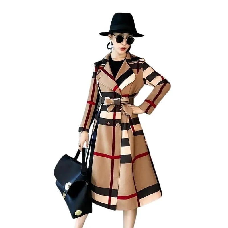 VROSE Design Women's Fine Fashion Vintage Brown Khaki Plaid Elegant Luxury Designer Coat Jacket