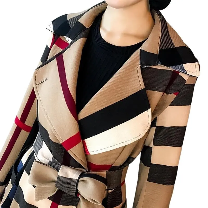 VROSE Design Women's Fine Fashion Vintage Brown Khaki Plaid Elegant Luxury Designer Coat Jacket