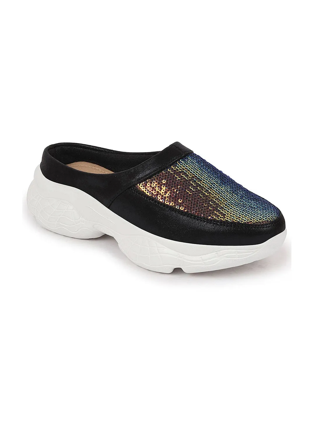 Women Black Back Open Embellished Slip On Mules