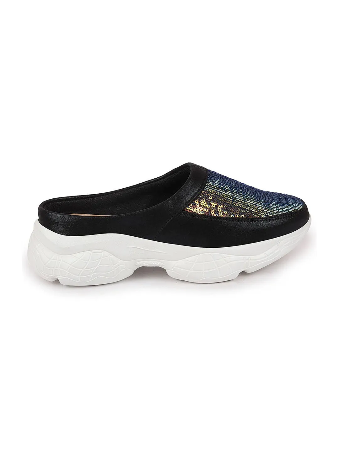 Women Black Back Open Embellished Slip On Mules