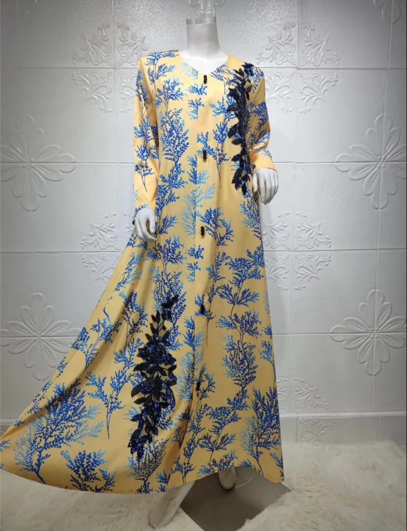 Women's Long Sleeve Printed Embroidery Applique Muslim Robe Dress S3855057