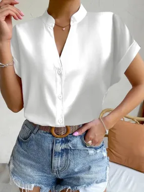 Women's White Chiffon Blouse Summer New Simple V-neck Short Sleeve Shirts Top Vintage Elegant Women Casual Top Female Clothing