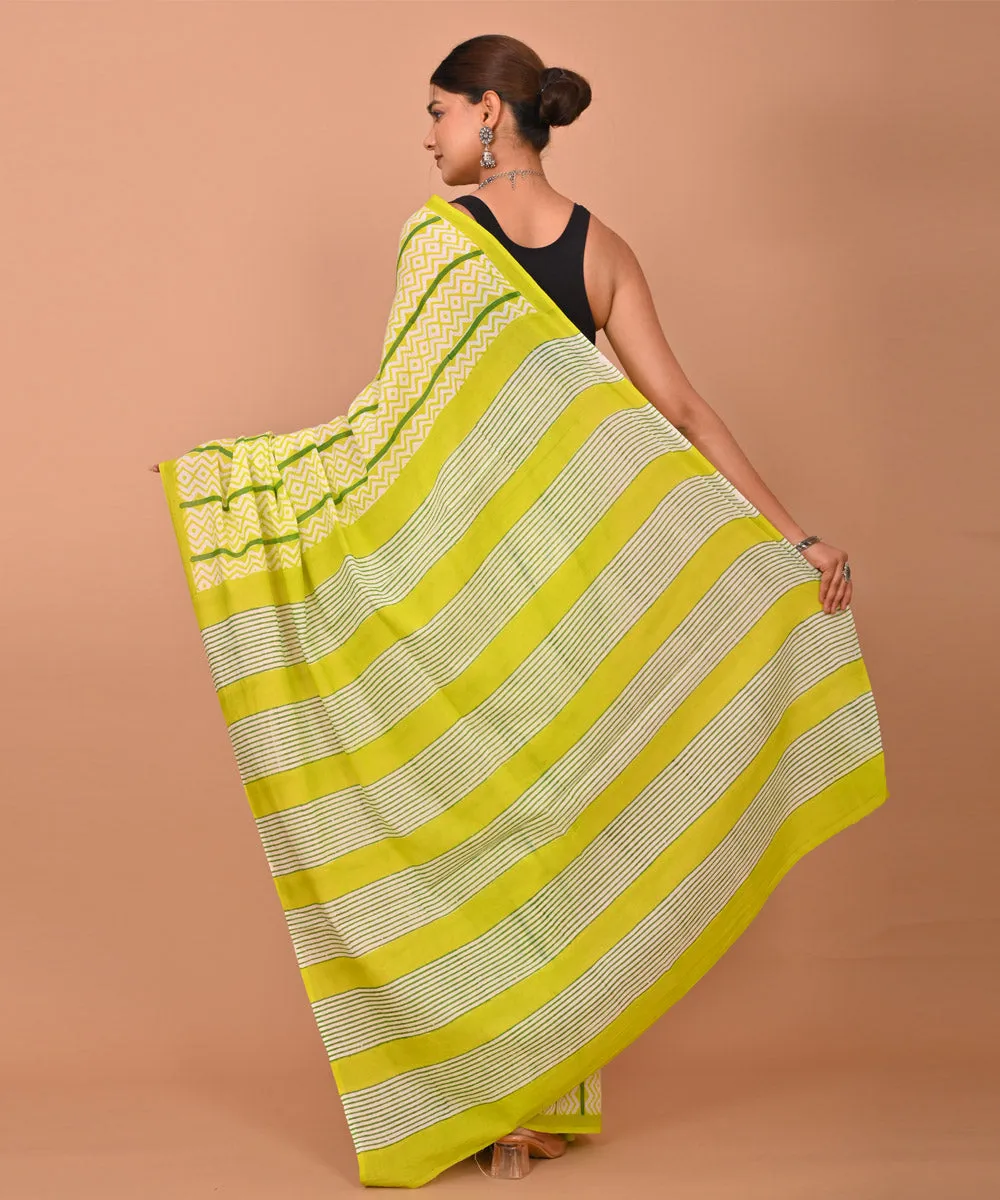 Yellow green hand printed bagru cotton saree