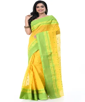 Yellow green handwoven cotton tangail saree