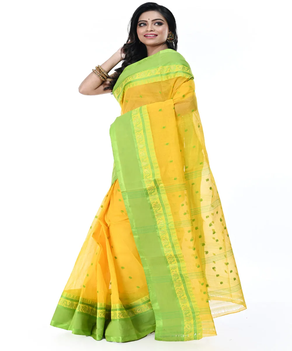 Yellow green handwoven cotton tangail saree