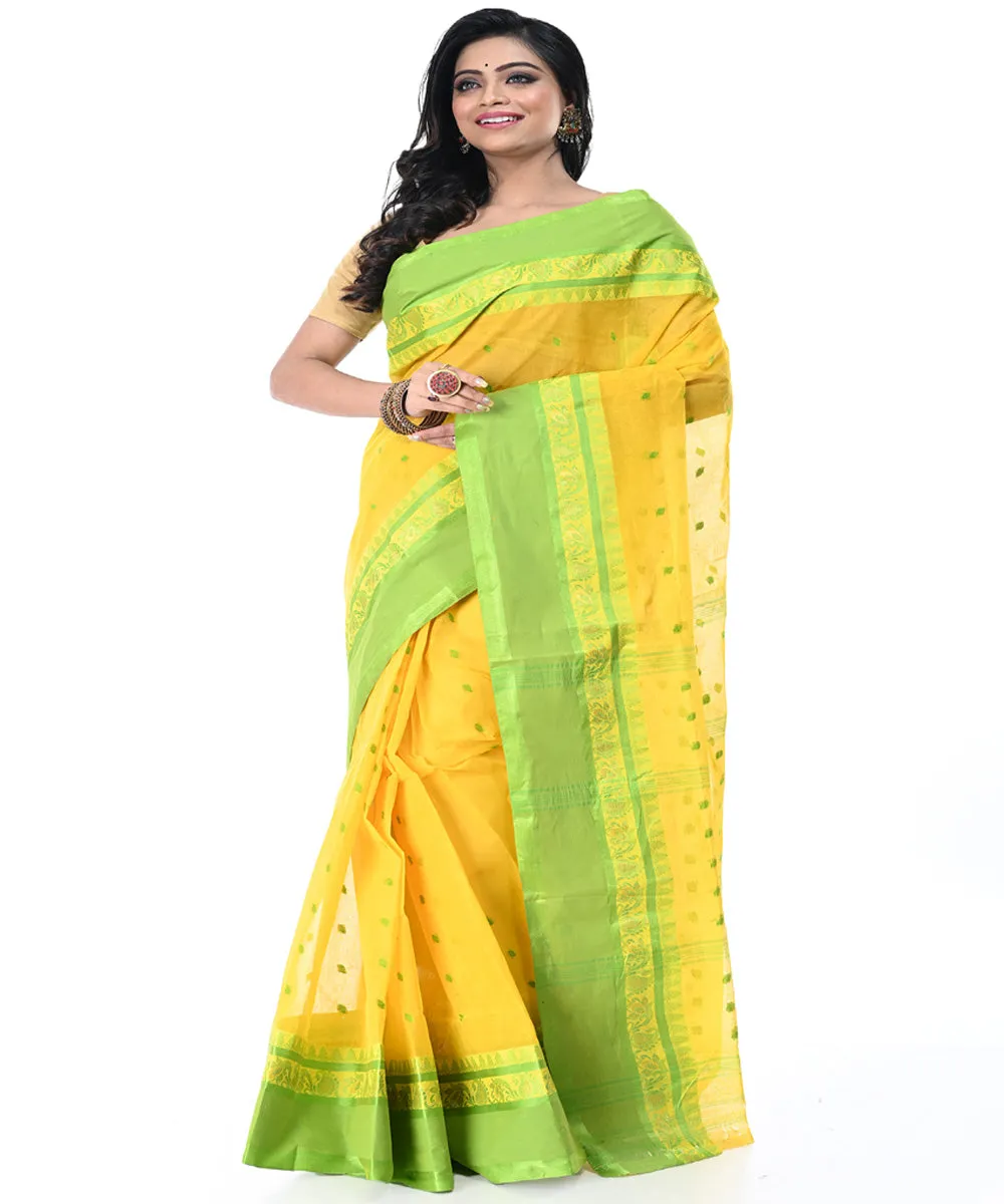 Yellow green handwoven cotton tangail saree