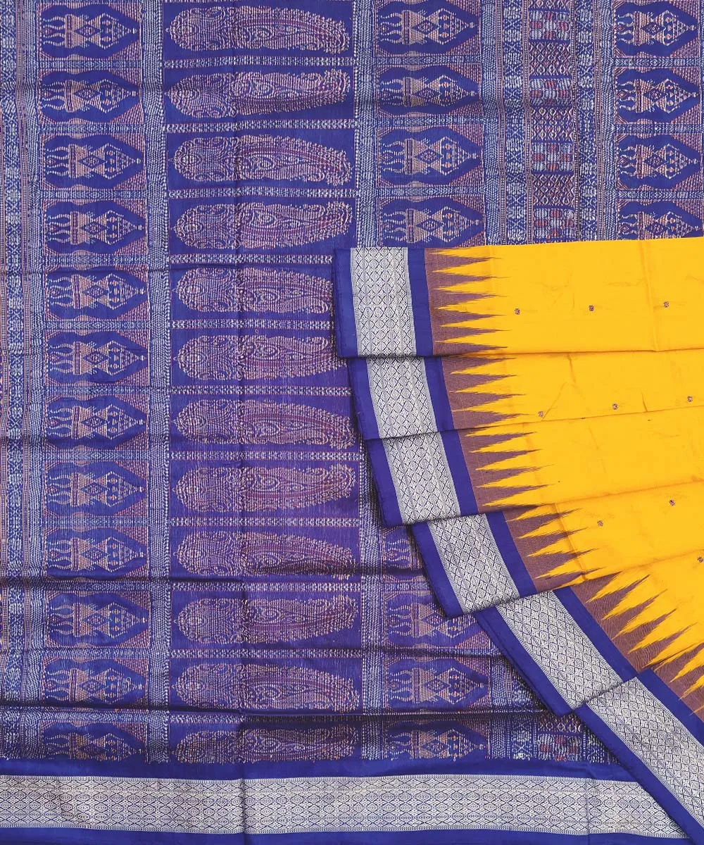 Yellow navy blue Silk Handwoven Bomkai Saree